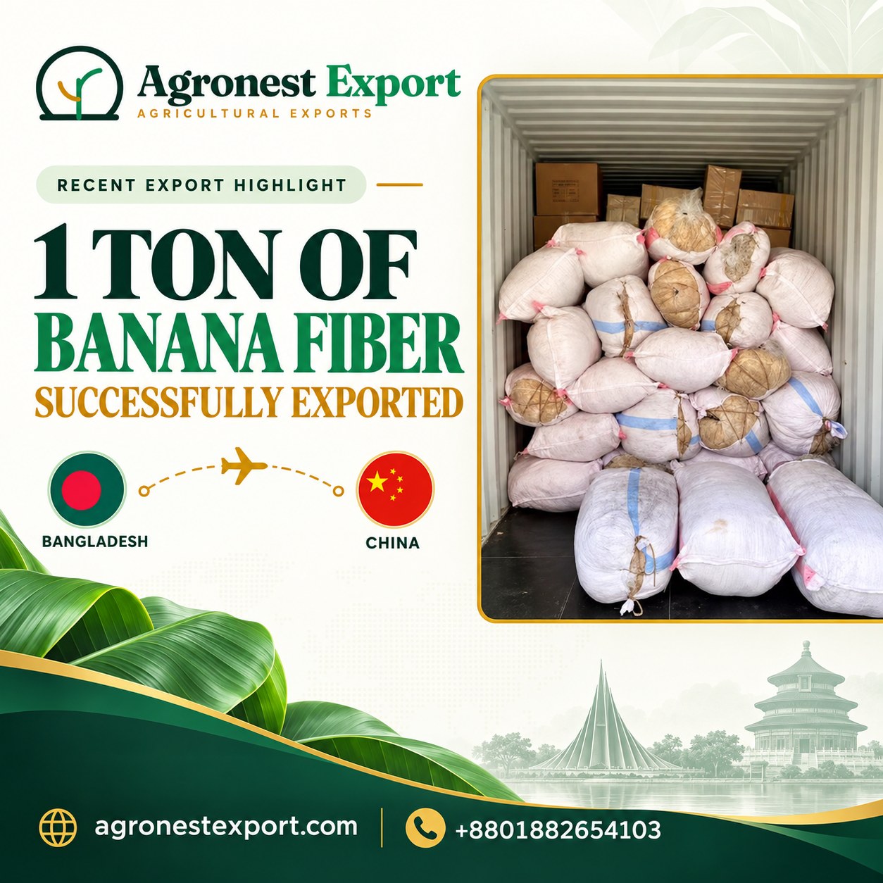Compressed banana fiber bales loaded in a shipping container at Chattogram, ready for export to China